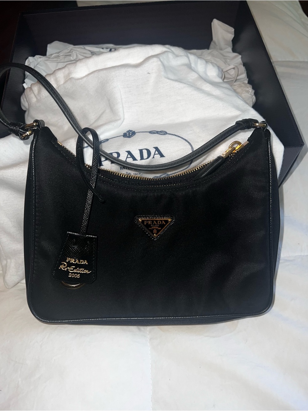 Prada Black Nylon Shoulder Bag with Gold Hardware